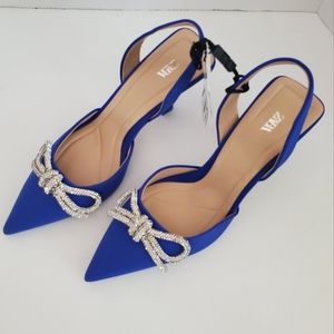 Zara Heeled Blue Slingback Pointed Shoes with Rhinestone Bows US Size 7.5